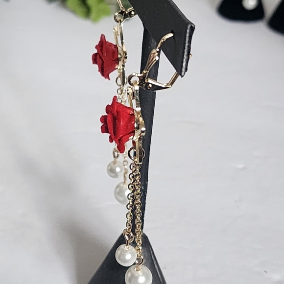 Gold with Velvet Red Rose Flower and Pearls Danglr Drop Earrings - Picture 6 of 9